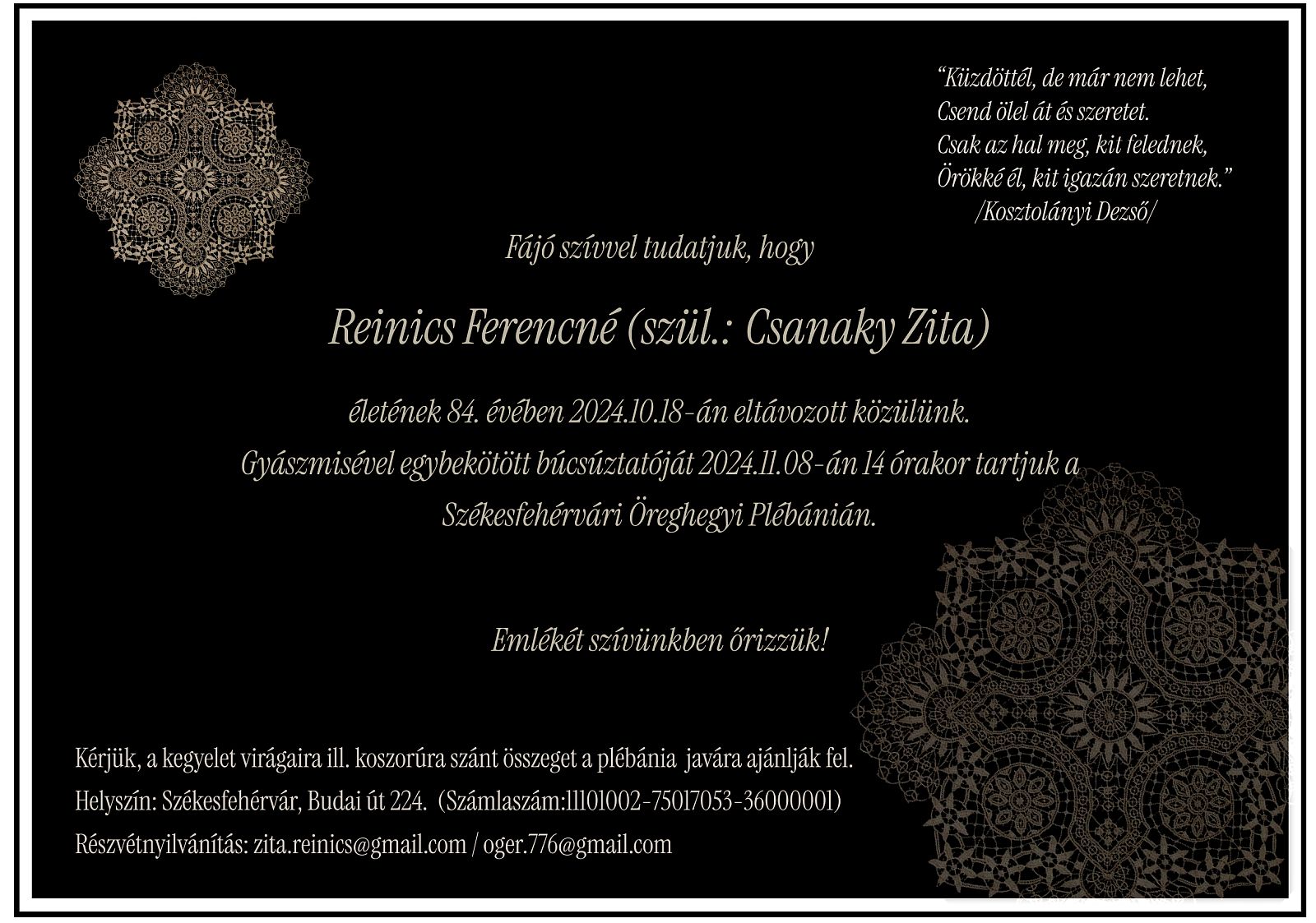 Elhunyt Reinics Ferencné - november 8-án lesz az Árpád Úti Óvoda egykori vezetőjének búcsúztatása